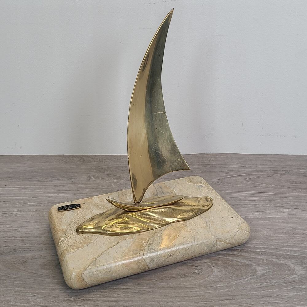 Bijan Bahar Brass Sailboat Sculpture Stone Base Skipper Sailor Office Decor